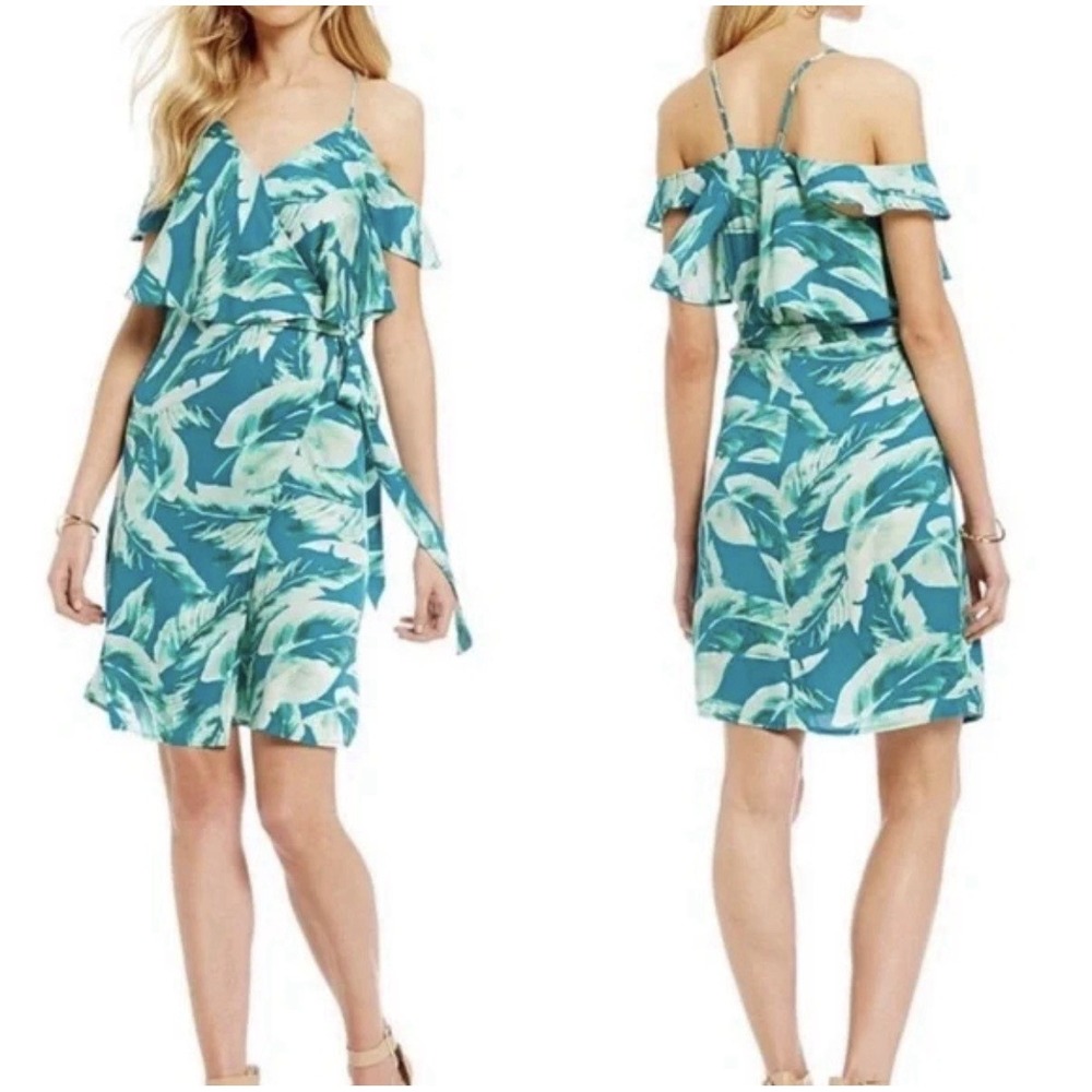 Gianni Bini Tropical Midi Wrap Dress Women Size Medium Aqua Summer Beach Cruise - Picture 1 of 16